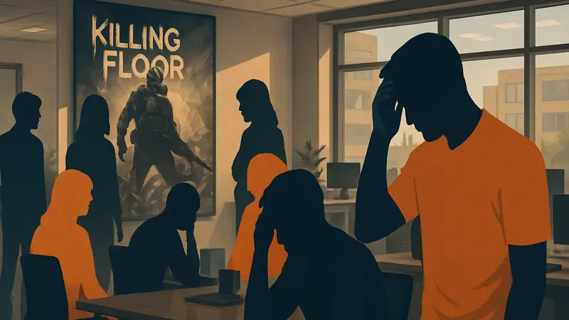 Сотрудники студии Tripwire Interactive в офисе, на фоне логотип Killing Floor. Массовые увольнения в игровой индустрии.