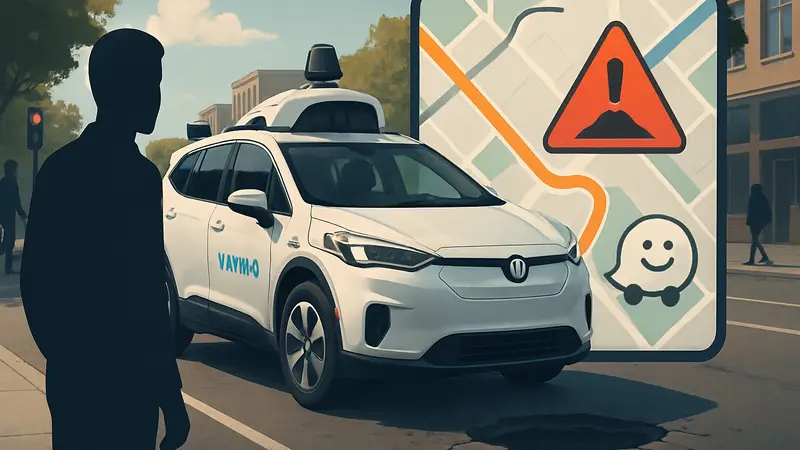 Роботакси Waymo на дороге с наложенной навигационной картой Waze, показывающей обнаруженную дорожную яму.