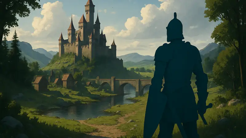 Скриншот из игры Valorborn с средневековым пейзажем, замком или персонажем в броне.
