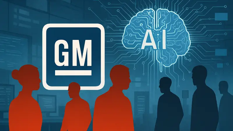 Логотип General Motors на фоне схематичного изображения ИИ и уволенных IT-сотрудников.