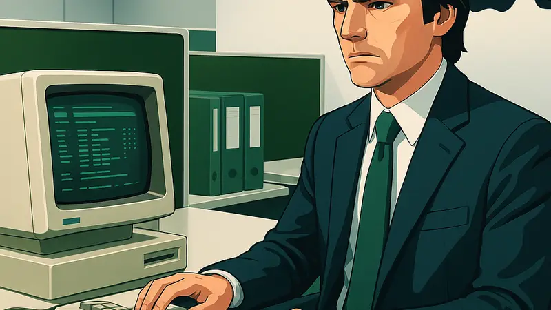 Кадр из сериала "Разделение" (Severance), главный герой на рабочем месте, Apple TV