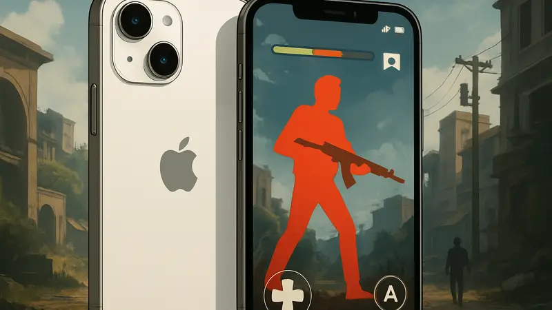 Схематичное изображение нового iPhone 17e с элементами игрового интерфейса.