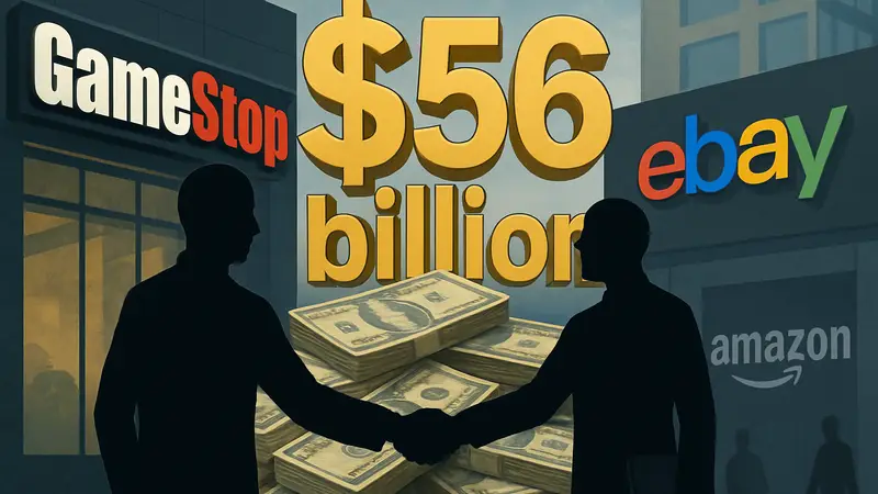 Логотипы GameStop и eBay на фоне $56 миллиардов, сделка, Amazon, конкуренция.