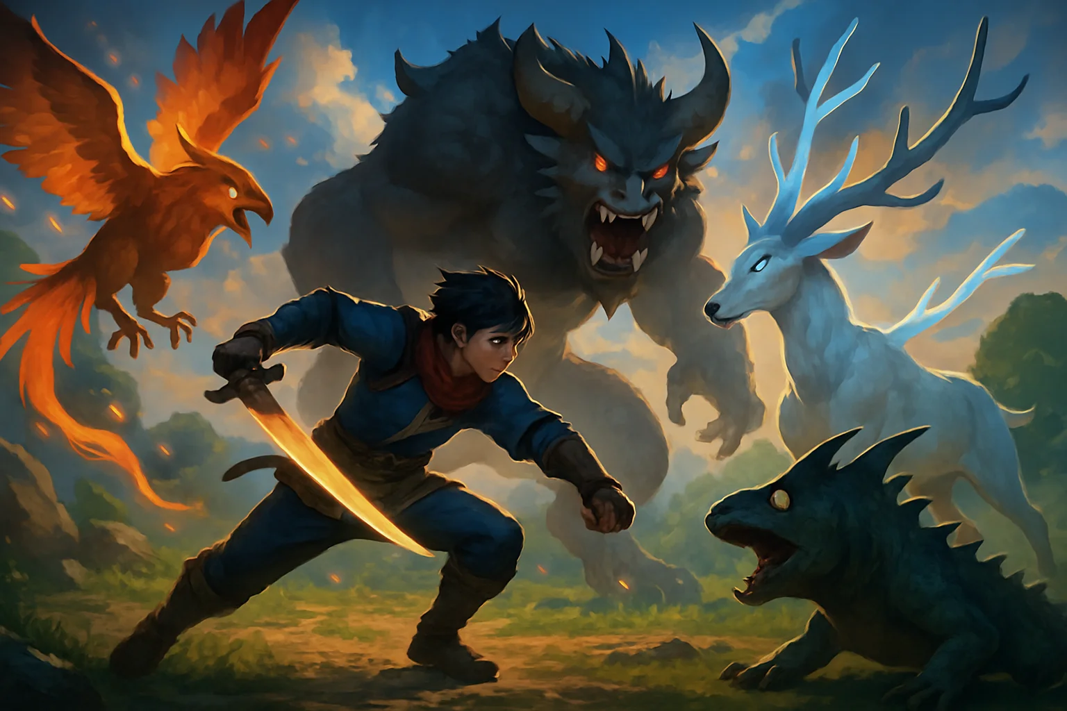 Кадр из Beast of Reincarnation, демонстрирующий фэнтезийных существ и главного героя в динамичной битве.
