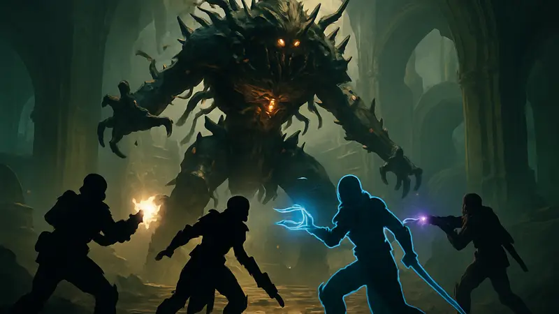 Кадр из Destiny 2 с боссом Morgeth, окружённым Стражами в бою, применяющими способности.