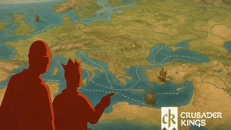 Скриншот из Crusader Kings 3 с изображением карты мира и торговых маршрутов, на фоне моря.