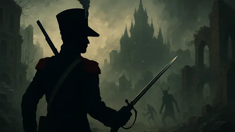 Главный герой игры Valor Mortis в форме наполеоновской эпохи, держащий оружие, с характерной атмосферой соулслайк-игр на фоне.