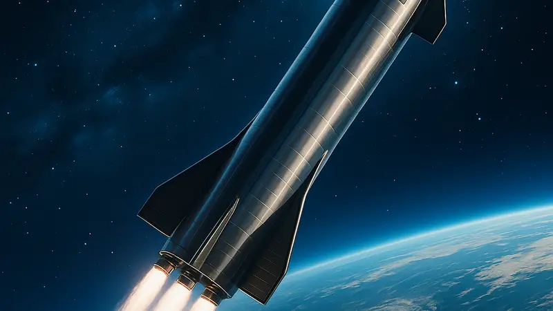 Изображение макета или концепт-арта ракеты Starship четвертого поколения SpaceX, летящей в космосе.