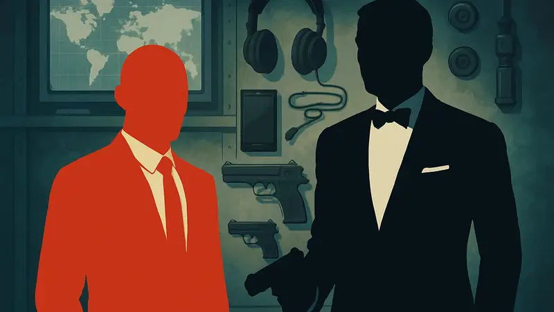 Агент 47 из Hitman и Джеймс Бонд, изображенные вместе на фоне шпионских гаджетов.