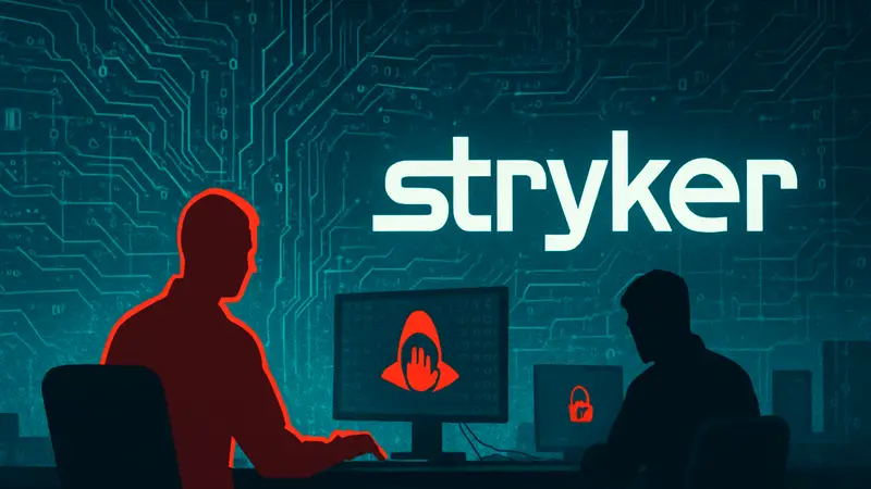 Логотип Stryker на фоне кибератаки от хактивистов Handala. Иллюстрация кибербезопасности.
