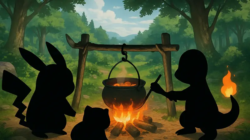 Покемоны готовят еду на костре в игре Pokémon Pokopia.