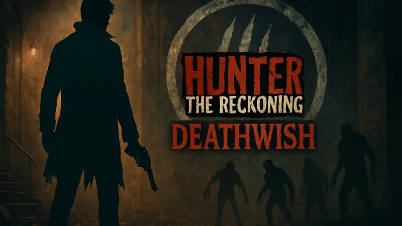 Обложка игры Hunter: The Reckoning – Deathwish на фоне логотипа World of Darkness, демонстрирующая уникальность.