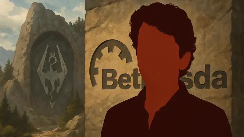Тодд Говард, известный разработчик игр, на фоне логотипа Bethesda Softworks