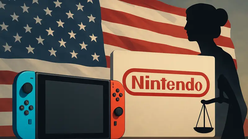Nintendo Switch и логотип Nintendo на фоне американского флага, символизирующего судебный иск