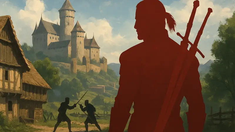Геральт из Ривии, персонаж Witcher 4, на фоне элементов из Kingdom Come Deliverance 2.
