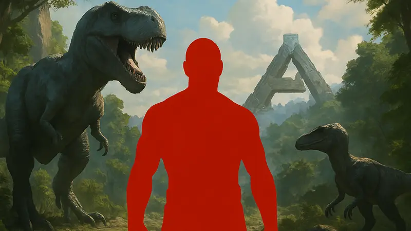 Вин Дизель в образе своего персонажа в игре Ark 2 на фоне динозавров.