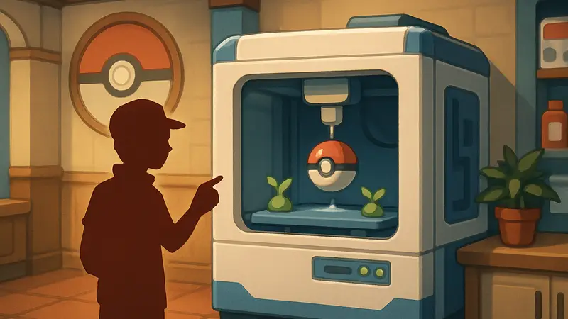 Игровой 3D-принтер в Покецентре Pokémon Pokopia, создающий копии предметов.