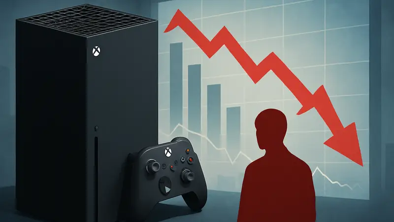 Консоль Xbox Series X на фоне графиков падения продаж Microsoft на игровом рынке.