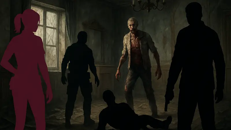 Изображение нескольких персонажей Resident Evil, зомби или сцена смерти из игры.