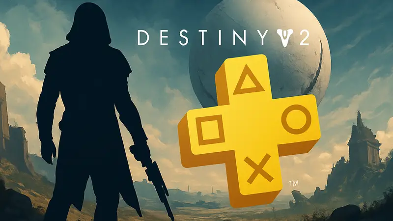Destiny 2 на фоне логотипа PlayStation Plus, анонс добавления игры в каталог.
