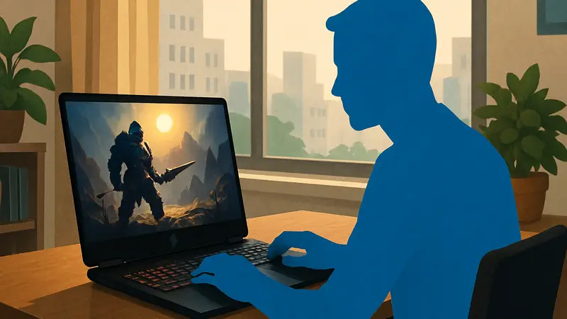 Игровой ноутбук HP Omen на столе, иллюстрация нового сервиса подписки HP.