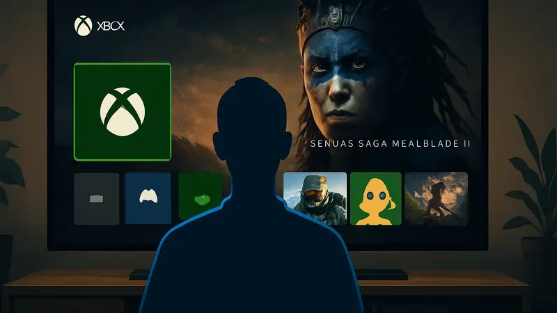 Дашборд консоли Xbox, показывающий новый баннер с эксклюзивными играми, такими как Senua's Saga: Hellblade 2