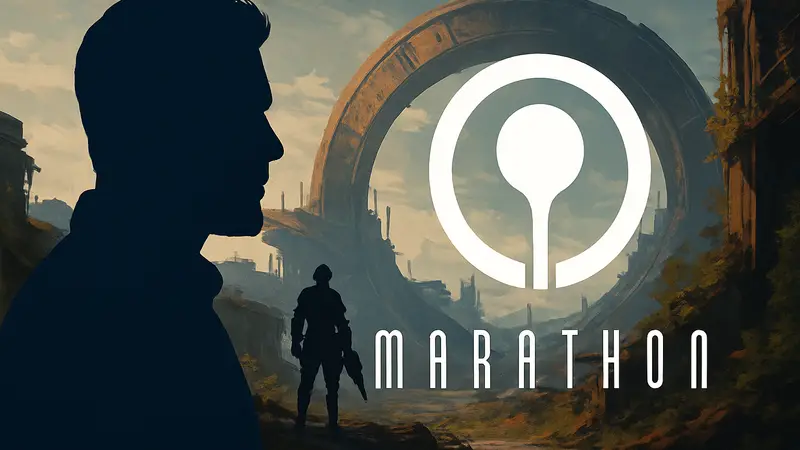 Актёр Бен Старр и логотип игры Marathon от студии Bungie