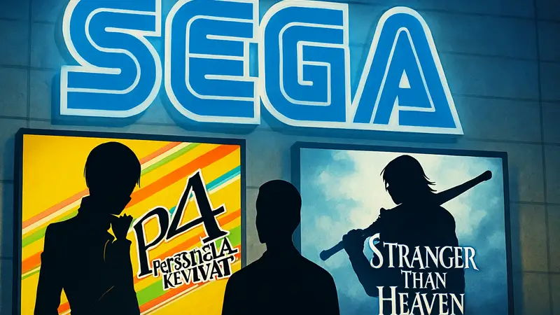 Логотипы игр Persona 4 Revival и Stranger Than Heaven на фоне бренда SEGA