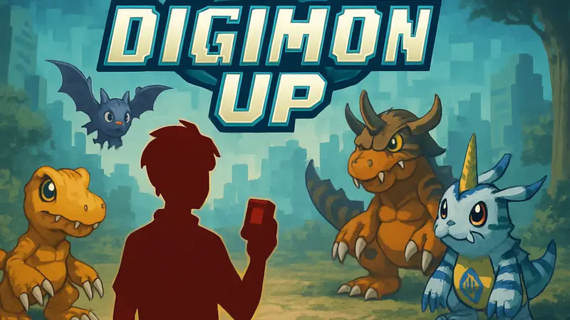Логотип Digimon Up, цифровые монстры, коллекционирование, ретро-стиль
