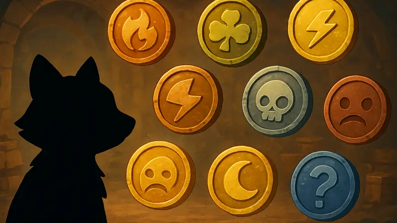 Изображение различных монет из игры Raccoin, с символами, обозначающими их эффекты.