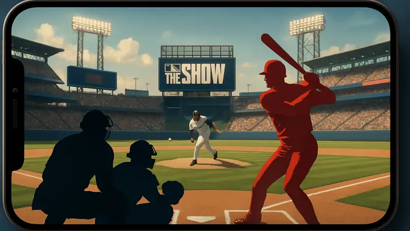 Скриншот из MLB The Show Mobile с игроками в бейсбол на стадионе.