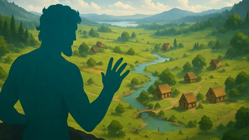 Игровой скриншот Masters of Albion, показывающий божественный взгляд на фэнтезийный мир с деревнями и пейзажами.