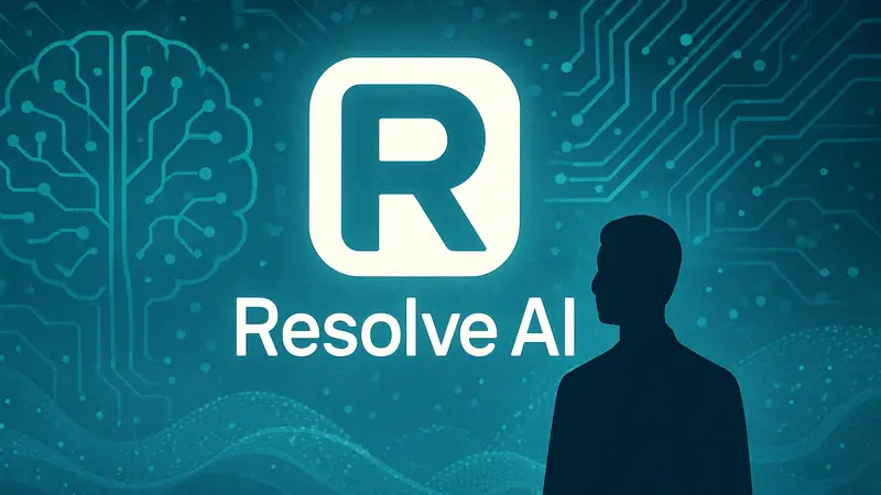 Логотип Resolve AI на фоне абстрактных элементов, символизирующих искусственный интеллект и технологии.
