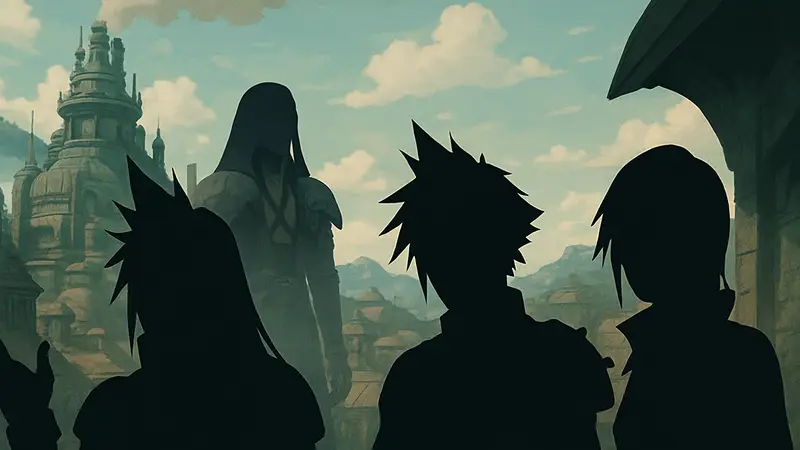 Изображение персонажей Final Fantasy с их знаменитыми прическами: Клауд, Сефирот, Тидус, Лайтнинг.