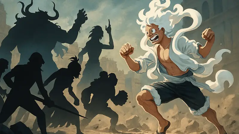 Луффи в Gear 5 против группы сильных противников из One Piece в бою.