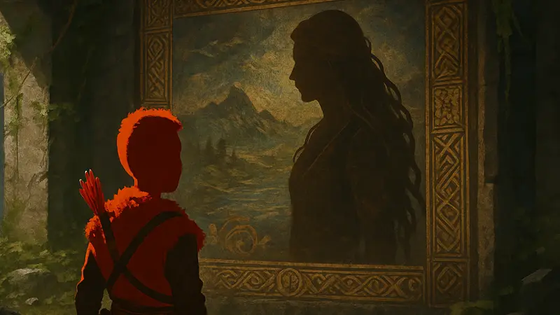 Атрей из God of War рядом с изображением своей матери Лауфей.