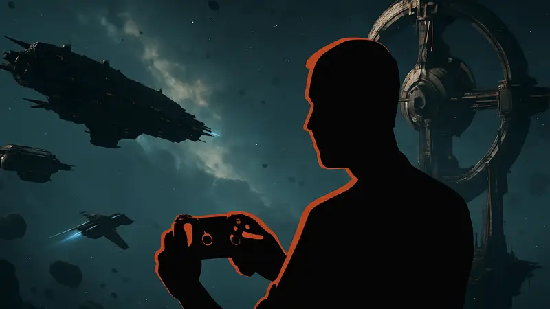 Скриншот EVE Online: Frontier, космические корабли, космическая станция, геймплей с геймпадом.