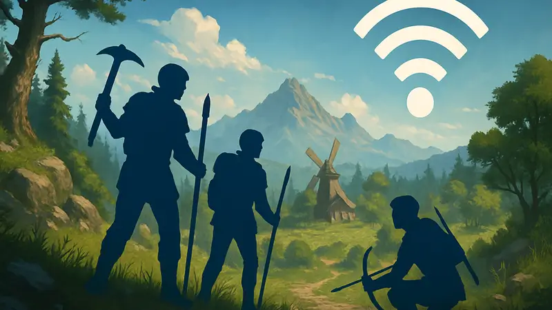 Игроки Windrose в кооперативе на фоне игрового мира, символ интернет-провайдера