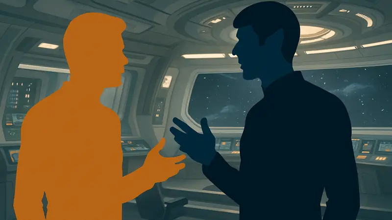 Кадр из сериала Star Trek: Strange New Worlds с персонажами Кирком и Споком, обсуждающими их отношения.