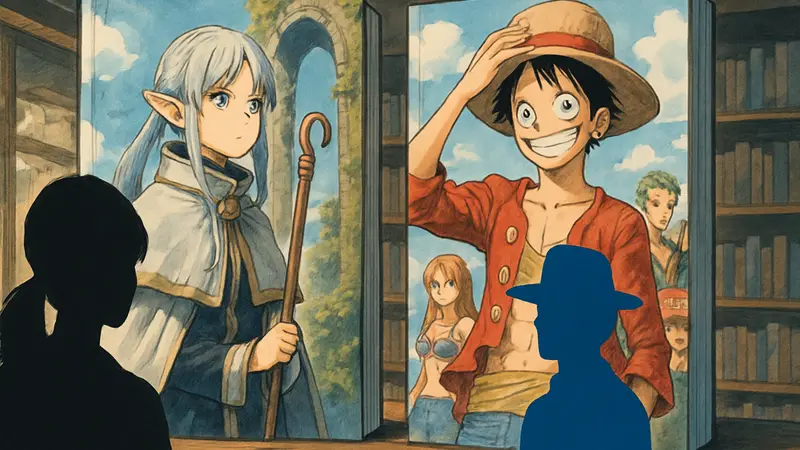 Обложки манги Frieren и One Piece, символизирующие их соревнование по продажам