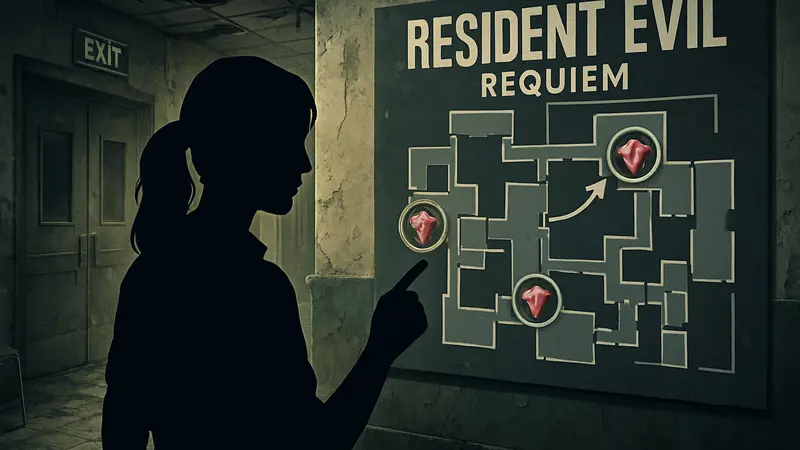 Resident Evil Requiem, карта клиники с отметками расположения кварцев для Грейс.