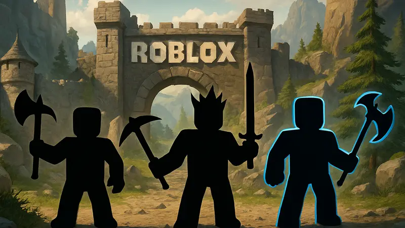 Игровые персонажи Roblox The Forge с различным оружием и кирками, демонстрирующие категории тир-листа для игры.