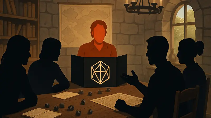 Игроки Critical Role за столом, ведущий ДМ, карты и кубики.