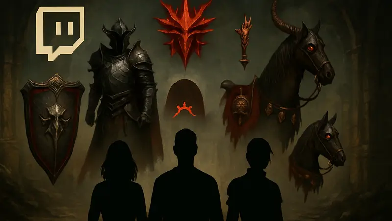 Изображение наград Twitch Drops для Diablo 4: Lord of Hatred, включающее различные косметические предметы и символы дополнения.