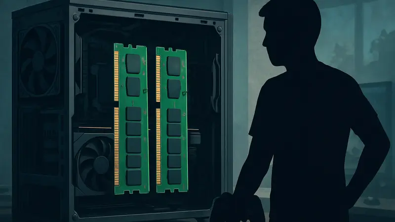 Открытый корпус компьютера, демонстрирующий модули оперативной памяти, символизирующие объем ОЗУ для игр.