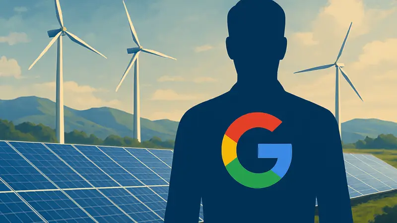 Солнечные панели и ветряные турбины, символизирующие чистую энергию для дата-центров Google.