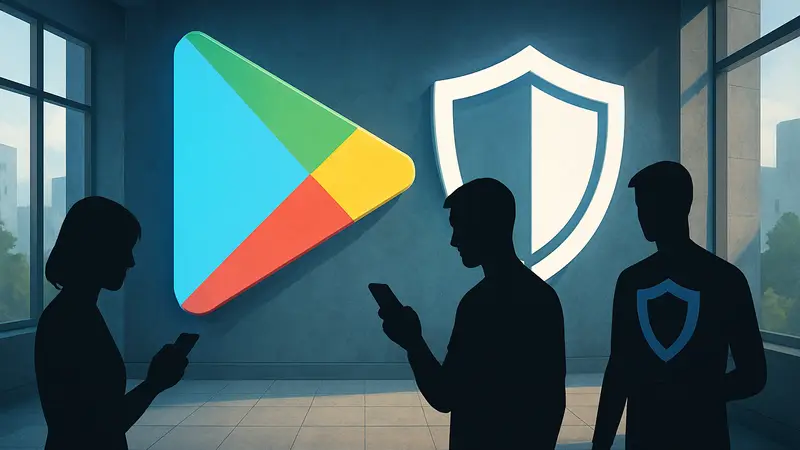 Логотип Google Play Store  и символ щита, указывающий на безопасность приложений.
