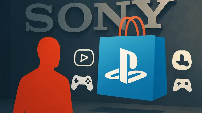 Логотип PlayStation Store с иконками цифровых игр, на фоне логотип Sony.