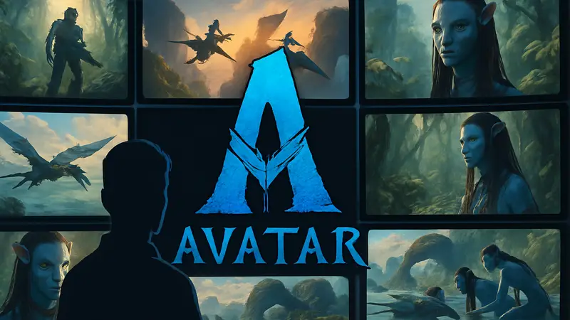 Логотип фильма Аватар на фоне рабочих материалов или скриншотов