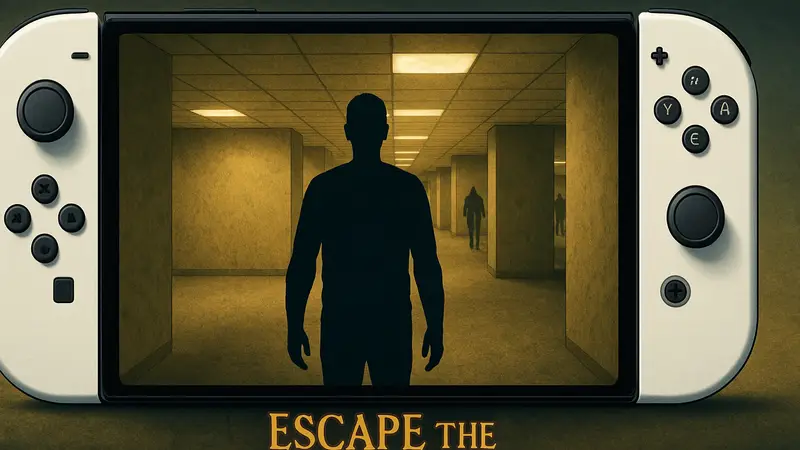 Обложка Escape the Backrooms на фоне силуэта Nintendo Switch 2.